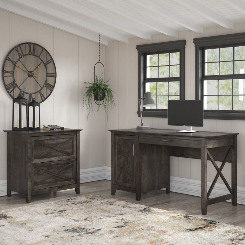 Bureau d'ordinateur et classeur latéral à 3 tiroirs Ozro, Hickory gris foncé