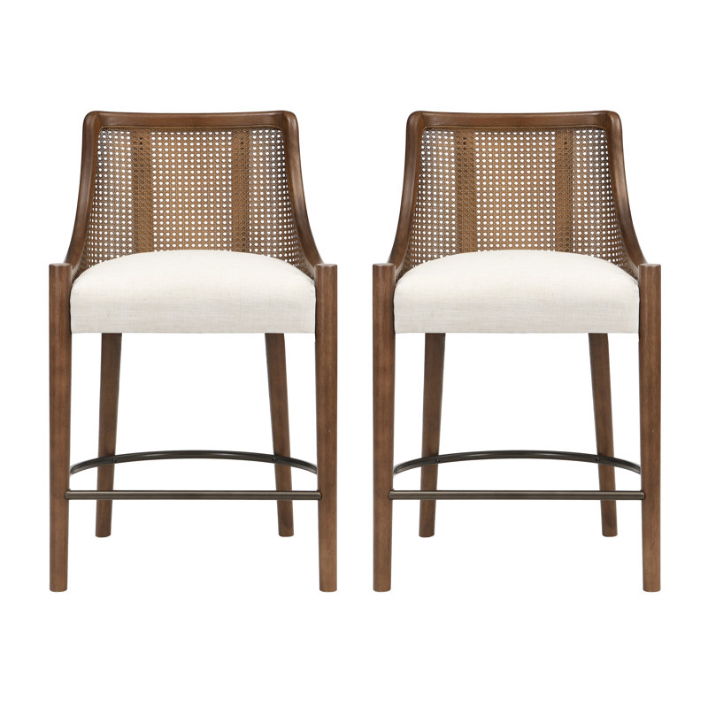 Tabouret de bar moderne Paxon en bois d'hévéa massif, hauteur du siège 66,7 cm, dossier en rotin et siège rembourré, idéal pour les îlots de cuisine.