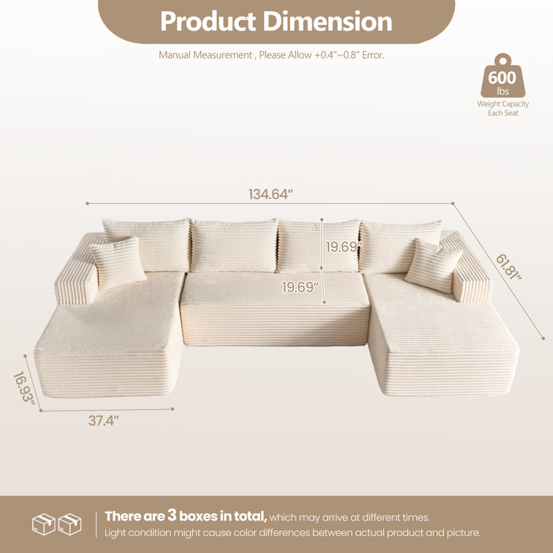 134.7" Oversized 4-Seat U-Shape Modular Corduroy Sectional Sofa, White Corduroy