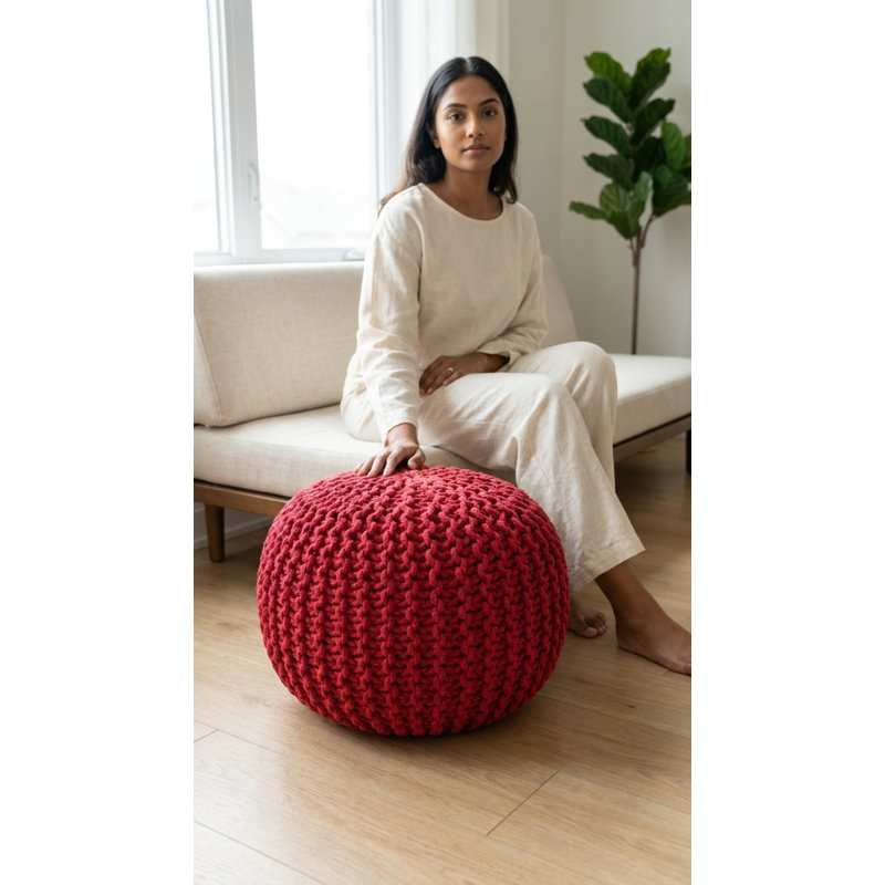 Verica 20" Wide Round Hand-Woven Upholstered Pouf Ottoman, Red Cotton Blend