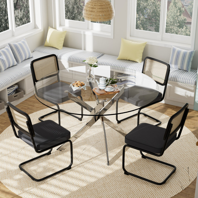 Ensemble de table de salle à manger à piédestal 5 pièces avec chaises rembourrées en rotin, H 29,5 po x L 47,2 po x l 47,2 po