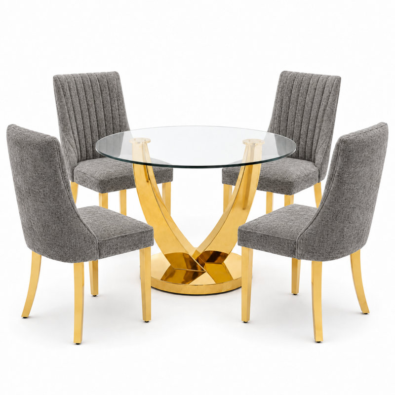 38.9" Round Glass Dining Table Set for 4, Modern 5-Pieces Kitchen Table set, Tempered Glass Table with 4 Chenille Upholstered Chairs, for Kitchen, Dining and Apartment