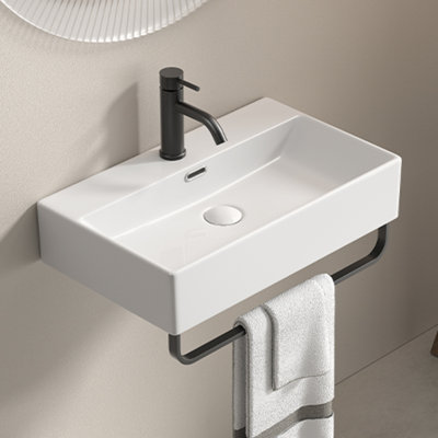 Lavabo de salle de bain en céramique peu encombrant, vasque blanc lait, conception murale moderne