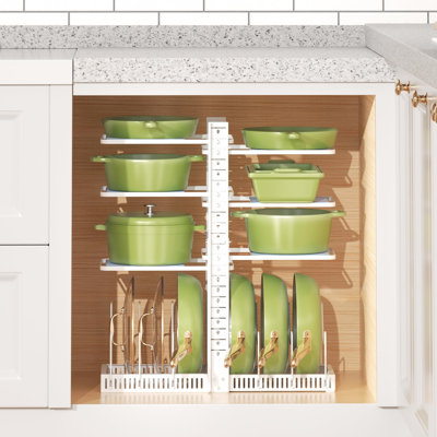 Organisateur de casseroles et poêles à placer sous un meuble, étagère de rangement de cuisine, support à casseroles réglable à 6 niveaux avec 6 séparateurs horizontaux, blanc