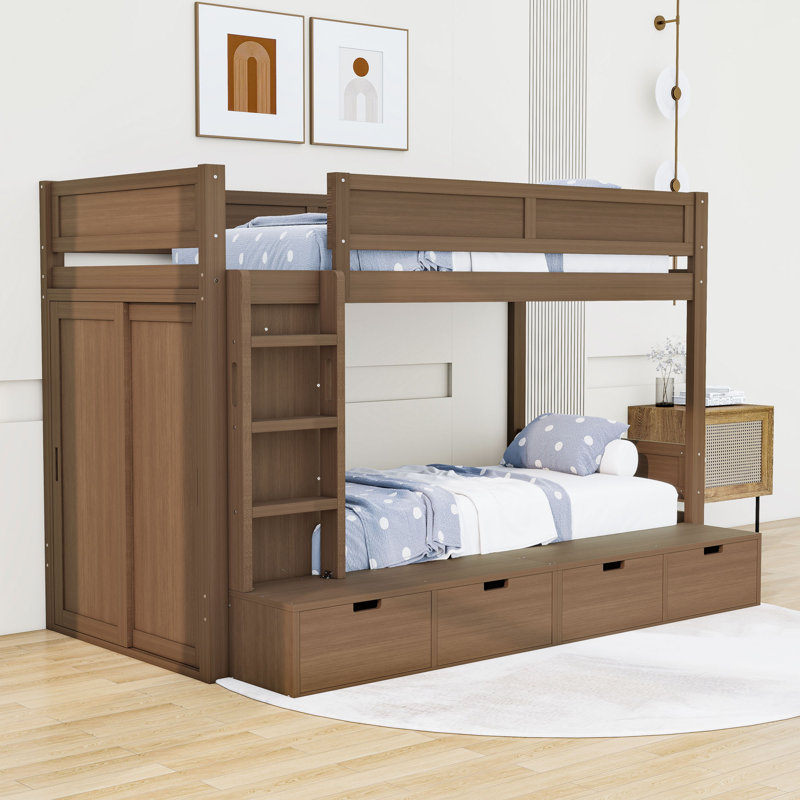 Lit superposé simple en bois avec garde-robe intégré, tiroirs et échelle, Brown