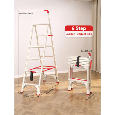 6 Step Steel Folding Step Ladder with Handrail, Telescoping Ladder