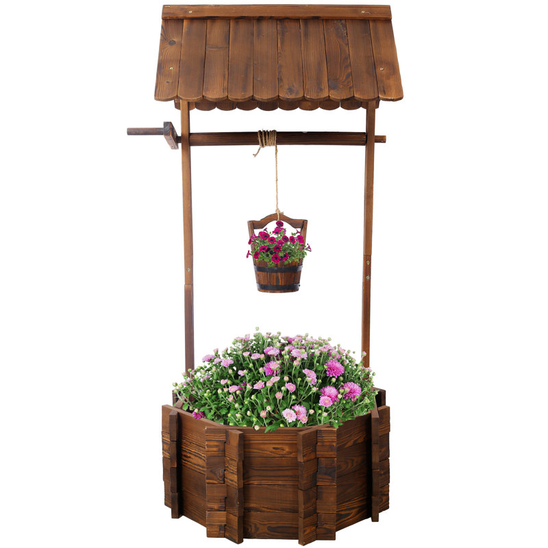 Rustic Wooden Wishing Well Planter Outdoor Home Décor For Patio, Garden, Yard W/Hanging Bucket
