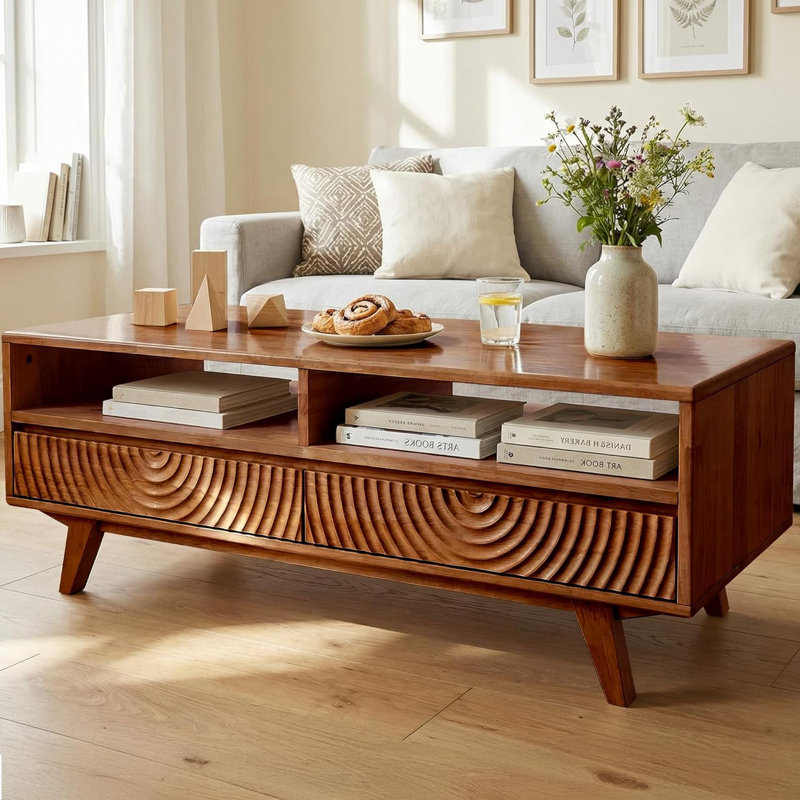 Harmony 47.2”W Coffee Table with Storage, Rectangular Wood Center Table for Living Room, Multiple Colors, Dual Solutions - 2 Smooth Drawers & Open Storage, Walnut Finish
