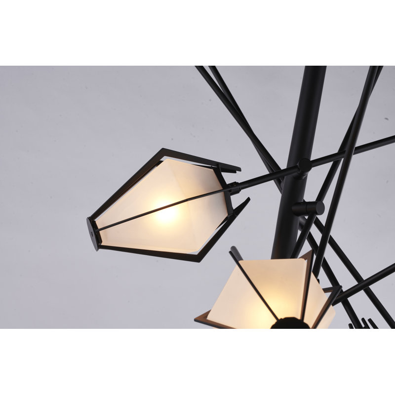 Lustre 7 lumières en métal noir avec abat-jour en verre givré blanc, Noir