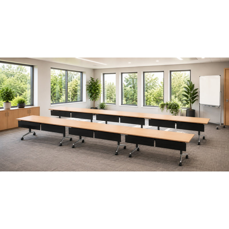 12 Person Fold-up Training Tables, Extra Long for Seminars and Conferences with Thick Tops, Beech color, Fold-Up Legs & Integrated Power Boxes