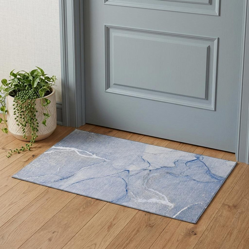3' X 5' Blue And Ivory Abstract Washable Area Rug With UV Protection