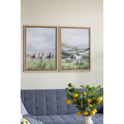De 2, 23,6 x 31,5 po, impressions sur toile multicolores, motifs de chevaux, scènes de campagne uniques, décor de salle à manger, décorations de bureau, couleurs douces, détails réalistes, styles traditionnels, styles de paysages,