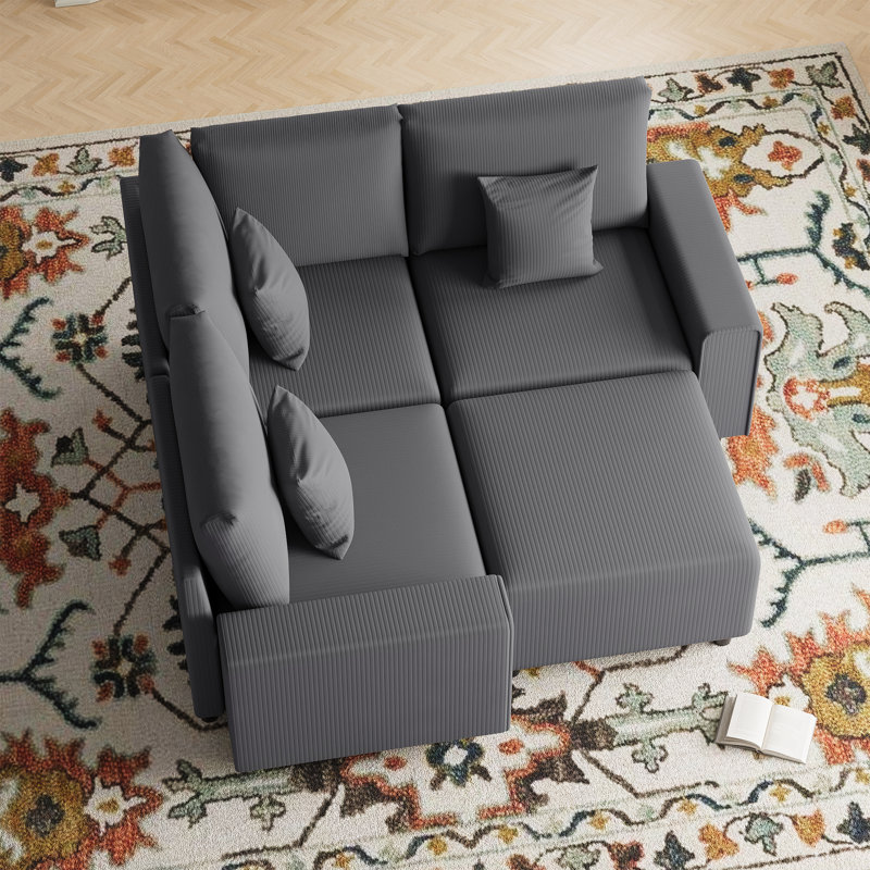 4-Piece Modular Corduroy Sectional Sofa with Ottoman, Reconfigurable Couch Sectional for Living Room, Bedroom, Office