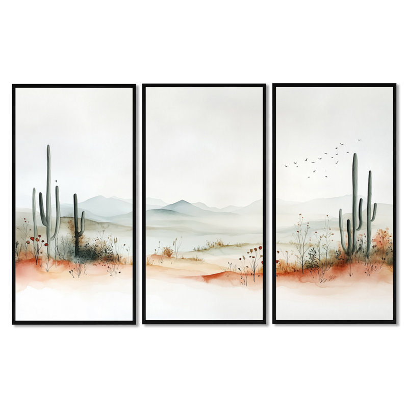 «Hush Mesa Cactus Panorama I - Desert Botanical», reproduction sur toile 3 pièces, H 40 po x l 60 po, Cadre flottant noir