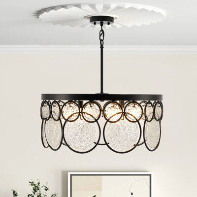 6 - Light Art Deco Drum Tiered Rippled Glass Round Chandelier