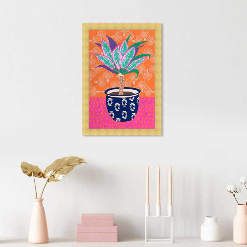 Pot de plantes à motif coloré - peinture sur papier, H 17 po x l 12 po, Papier avec cadre doré