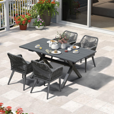 Ensemble de salle à manger d'extérieur 5 pièces en rotin pe toutes saisons avec table rectangulaire en aluminium et chaises pour terrasse