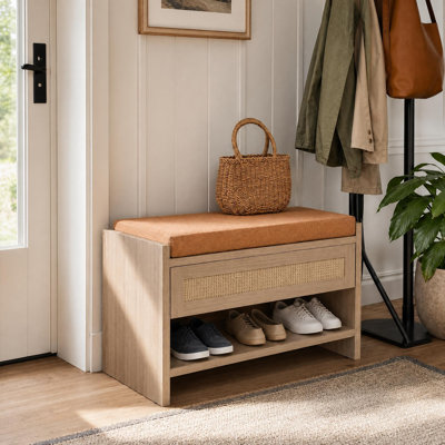 Banc à chaussures en rotin avec tiroir de rangement et siège en lin rembourré - paquet de 2 banc d'entrée de ferme de 31 po - chêne clair pour le couloir, porte d'entrée, chambre à coucher - coussin confortable