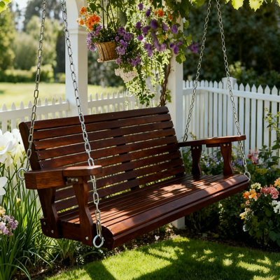 Wooden Porch Swing 2-Seater, Bench Swing with Cupholders