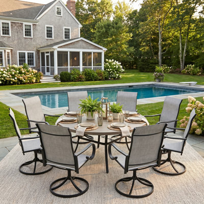 8-Person Outdoor Round Patio Dining Set With Swivel Textilene Chairs
