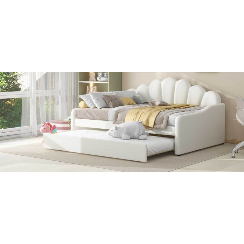 Full Size Upholstery Daybed Frame With Shall Shaped Backrest  And Trundle,White, White