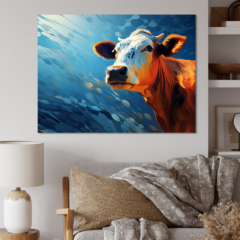 «Blue and Orange Cow Flow» - Art mural sur toile de vache, Toile tendue, H 34 po x l 44 po