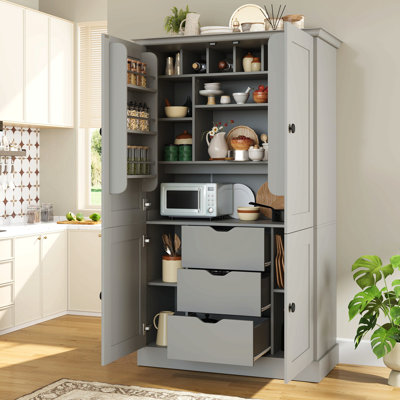 Armoire de cuisine autoportante, poste de travail de rangement haut avec 4 portes, 3 tiroirs, 6 tablettes de porte, tablettes amovibles et 6 supports à vin pour la salle à manger, gris