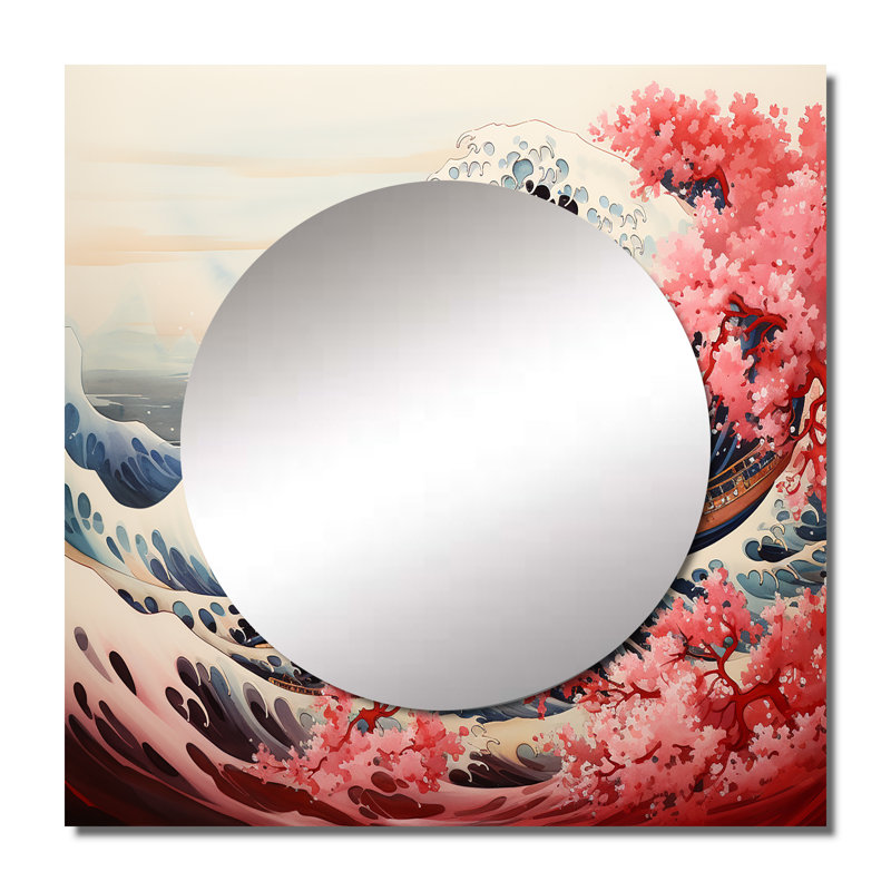 Masterpiece Pink The Great Wave Of Kanagawa II - Nautical & Beach Square Mirror For Wall Art Decor, 23" x 23"