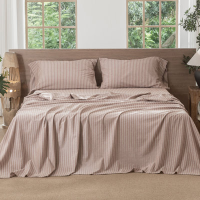 Moomee Striped Flat Sheet 100% Washed Cotton Linen Like Textured Breathable Lightweight