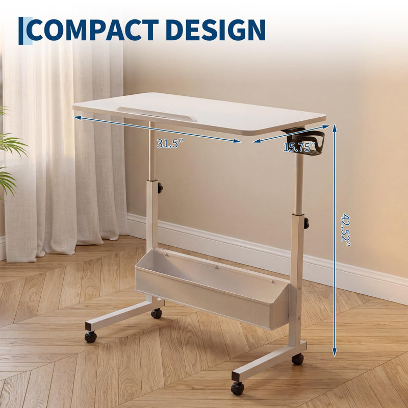 Table roulante pliante pour plateau de télévision, bureau mobile à hauteur réglable et inclinable avec roulettes verrouillables, table à manger en bois pour le bureau de la chambre à coucher