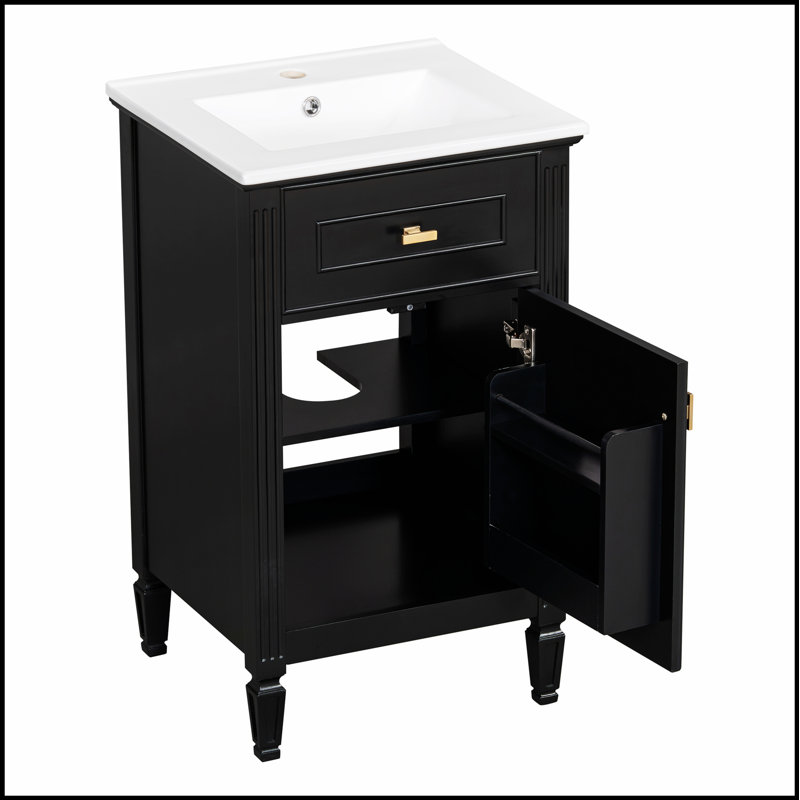 Meuble-lavabo autoportant avec lavabo, pieds en bois massif, tablette réglable, tiroir inclinable, boutons de qualité supérieure, idéal pour les petits espaces et la vie moderne