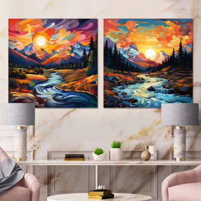 «Colorful Sunset River Mountains Horizon I», ensemble d'art mural sur toile paysage