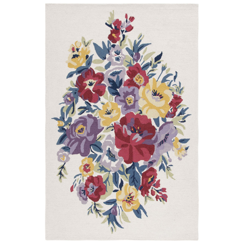 Tapis floral en laine / coton touffeté à la main Chelsea, Rectangle de 5 pi x 8 pi