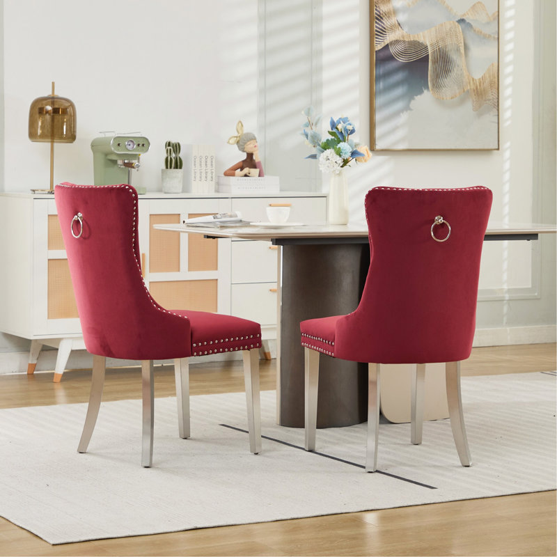 Chaise de salle à manger rembourrée en velours de bois massif haut de gamme avec pieds en acier inoxydable chromé, garniture cloutée, ensemble de 2