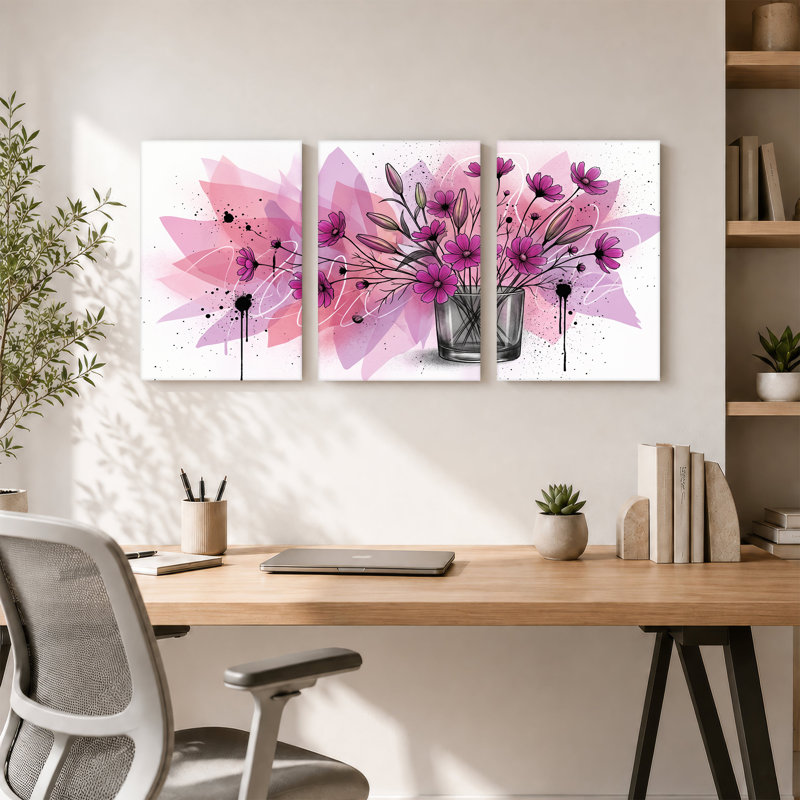 Fleurs mauves dans un vase en verre avec gouttes d'encre rose, ensemble de 3 toiles, H 30 po x l 20 po x 3 pièces