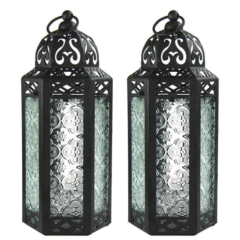 Moroccan Candle Lantern Decorative Candle Holder Lamp for Table or Hanging, Ramadan Decorations, Weddings, Indoor Home Decor, Outdoor Patio or Porch (Set of 2)