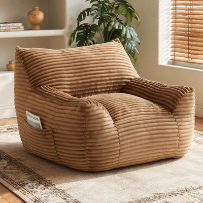  Giant Plush Bean Bag Chair for Adults with Armrests - Oversized Comfy Brown Beanbag with Side Pocket Lounge Lazy Floor Sofa Accent Chair for Living Room, Bedroom & Dorm