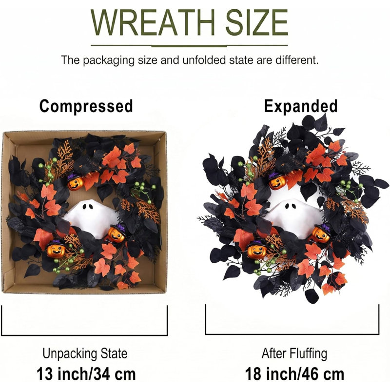 Couronne d'Halloween de 50 cm avec lumières fantômes pour porte d'entrée | Citrouilles fantômes pré-éclairées avec commande vocale et minuterie pour décorer votre porche, mur ou table de fête intérieure