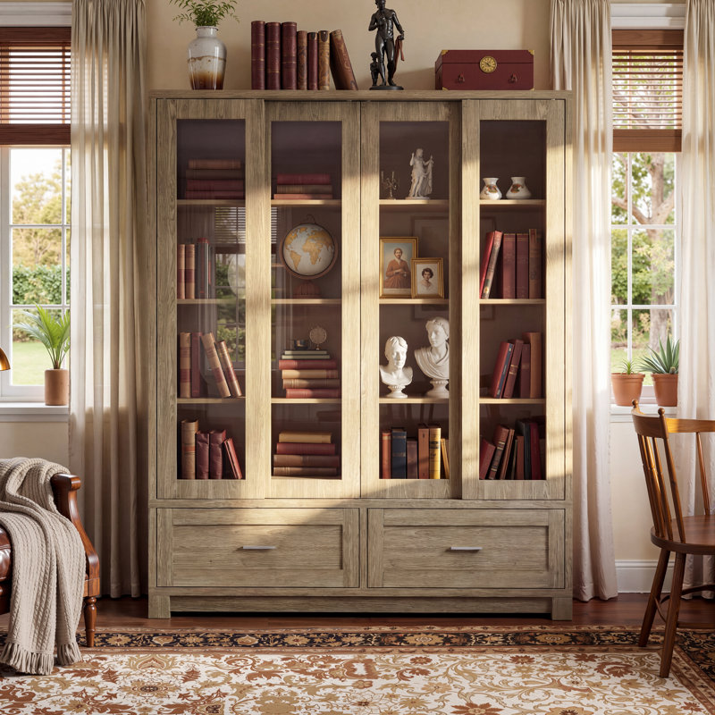 63" W Sliding Glass Door Display Bookcase With Drawers