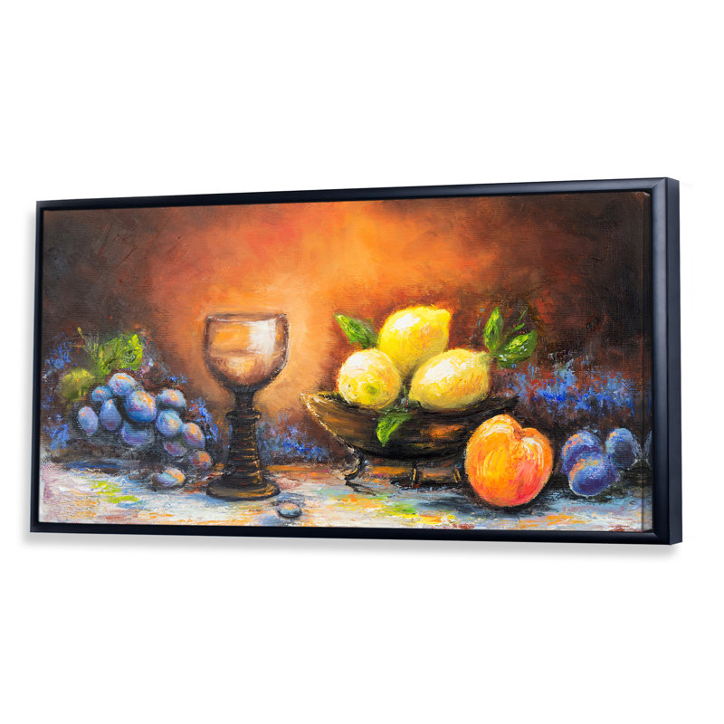 Nature morte, vin et fruit - Peinture sur toile, Cadre noir, H 8 po x l 12 po x P 1 po