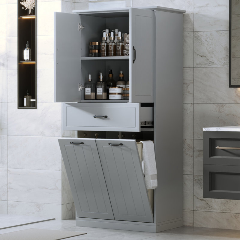 Armoire de rangement de salle de bain moderne avec deux paniers à linge, portes et tiroir pour l'organisation de la maison