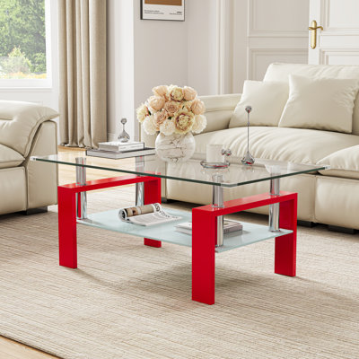 Myrasol 37.2" Glass Coffee Table, Tempered Glass Coffee Table with 2-Tier Storage and Metal Frame
