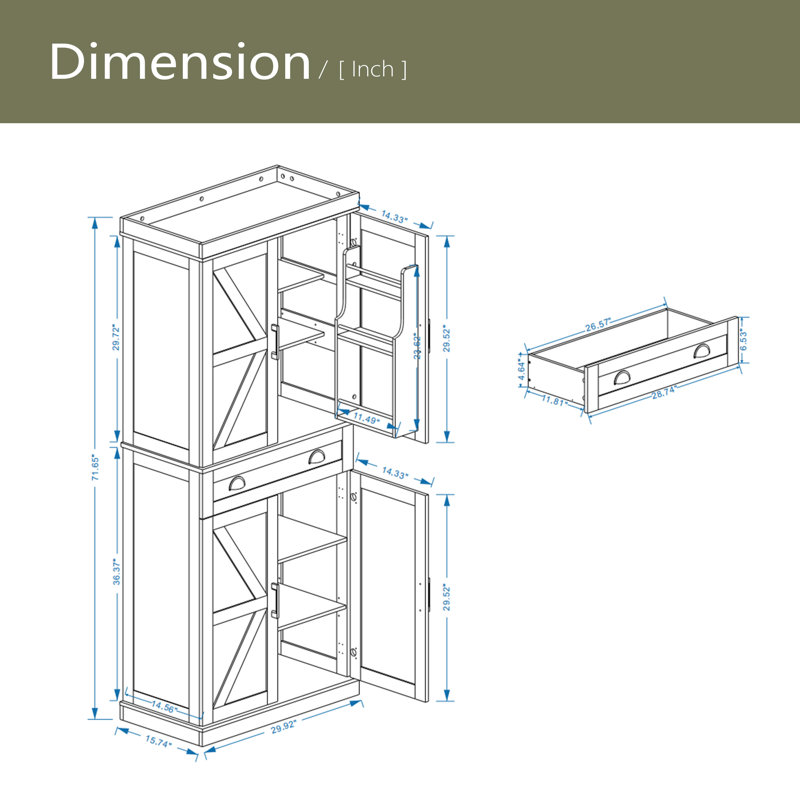 Armoire de rangement pour garde-manger de 71 po avec 4 portes (2 portes avec supports), 1 tiroir, 2 tablettes réglables, armoire autoportante pour la cuisine, la salle à manger et le salon - blanc