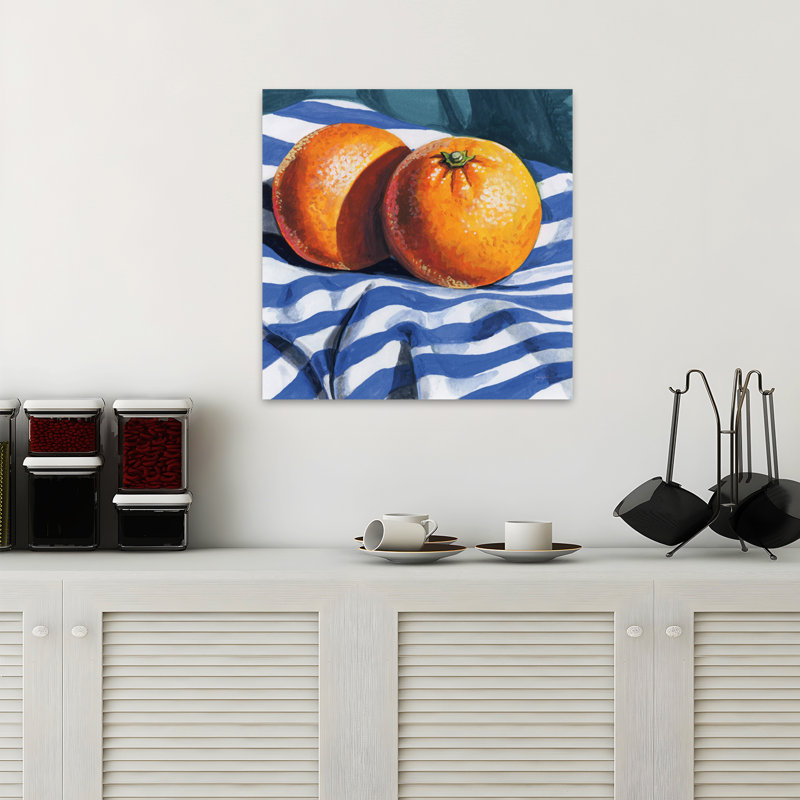 Oranges sur toile rayée, art contemporain, H 18 po x l 18 po