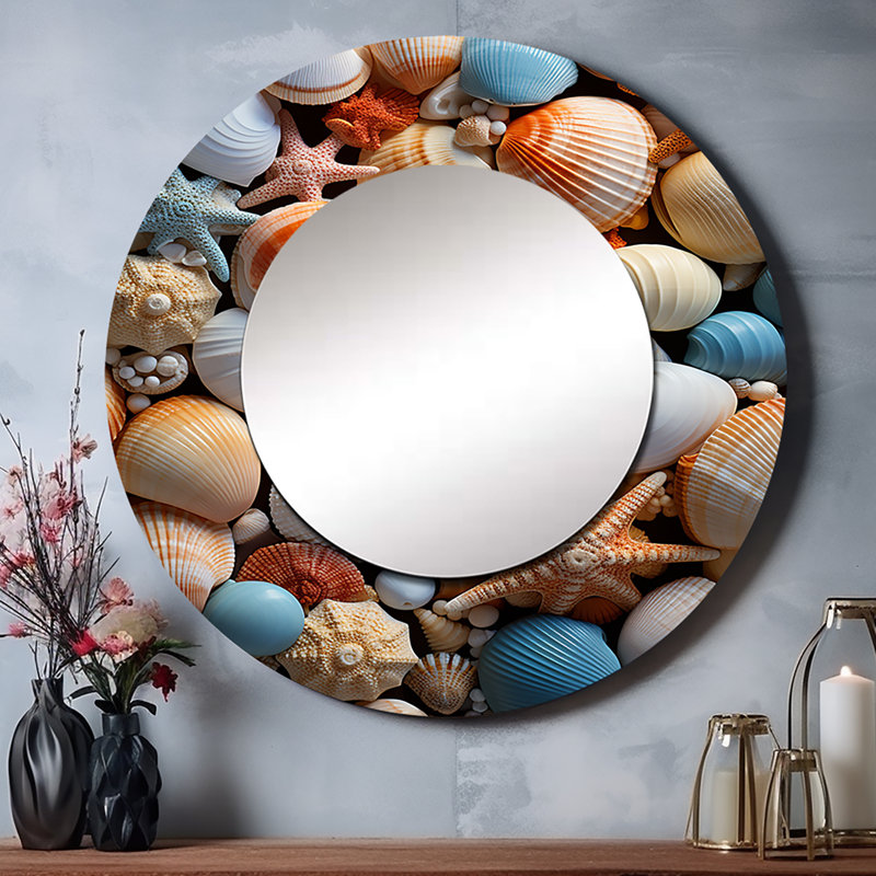 «Beach Photo Seashell Symphony VII», miroir mural côtier unique, miroir rond bleu sarcelle, impression d'art en métal