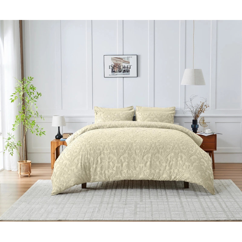 Bedding, King Duvet Cover + 2 Standard Pillowcases, BONE Damask