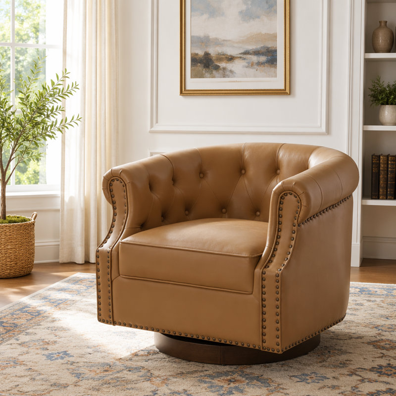 Fauteuil d'appoint pivotant à 360 ° en similicuir avec dossier courbé et base en bois cintré, Brun