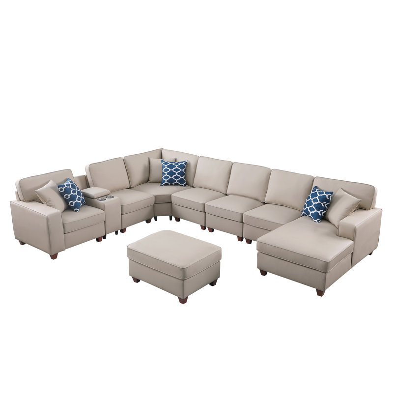Belmont - U-Shape Leather Sectional With Cupholder Console And Ottoman, Beige Faux Leather