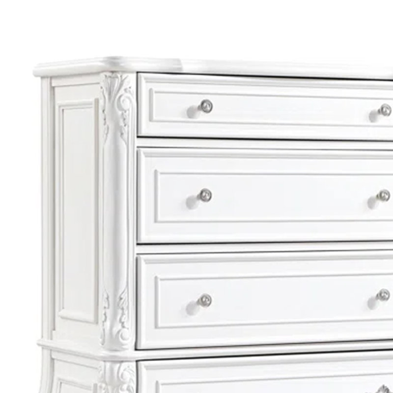 Commode haute 5 tiroirs Valena, bois massif blanc, poignées en métal
