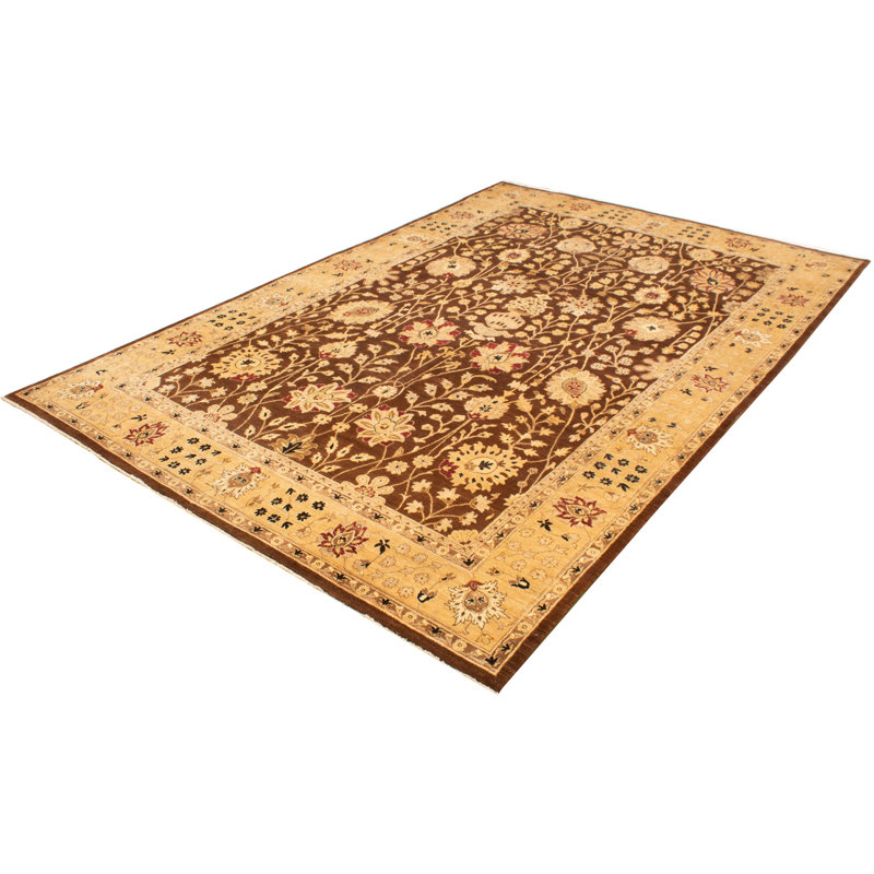 Tapis brun foncé en laine noué à la main de conception unique 9 pi 9 po x 14 pi 11 po New Age